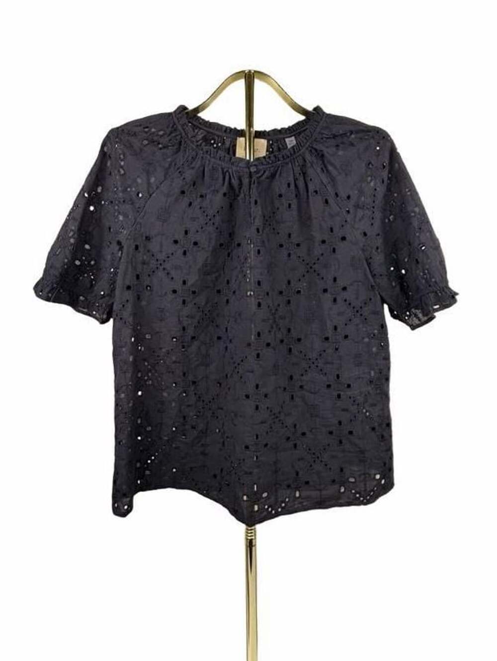 Elie Tahari Eyelet Blouse Size L Black Cotton Viscose Short Sleeve